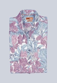 Folded long-sleeve shirt with purple and blue floral pattern, buttoned front, chest pocket, and orange "emilio adani" label inside collar.