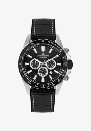 Melnā hronogrāfa pulksteņa ar nerūsējošā tērauda korpusu, melnu ciparnīcu, sudraba tonī akcentiem, taahimetra mērogu un melnu ādas siksniņu ar baltu šuvumu.