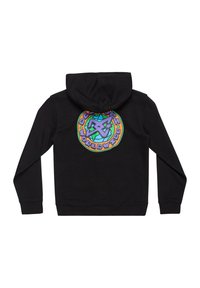 Černá mikina s kapucí se mnohobarevným kruhovým grafickým motivem na zadní straně, který obsahuje geometrické vzory a text. Měkká tkanina s žebrovanými manžetami a spodním lemem.