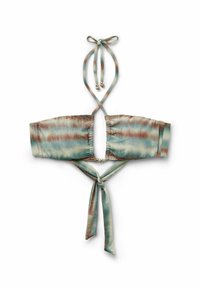 Bikinitopp med bandeau-design, med ett akvarellmönster i aqua, brunt och beige, knuten i ryggen med justerbara band.
