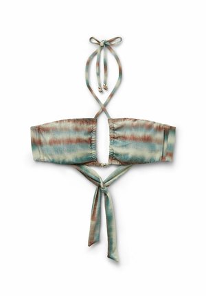 Bikini-Oberteil mit einem Bandeau-Design, das ein Aquarellmuster in Aqua, Braun und Beige aufweist, hinten mit verstellbaren Trägern gebunden.