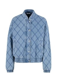 Gaiši zils iešūtu džinsu jaka ar augstu apkakli, spiedpogu aizdari, elastīgiem aprocēm un divām sānu kabatām.