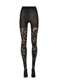 Collant neri trasparenti con motivi floreali beige che decorano dalla coscia ai piedi, a vita alta con un cinturino solido.