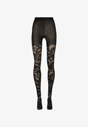 Schwarze transparente Strumpfhosen mit beigen Blumenrankenmustern, die von den Oberschenkeln bis zu den Füßen verlaufen, hochtailliert mit einem festen Bündchen.