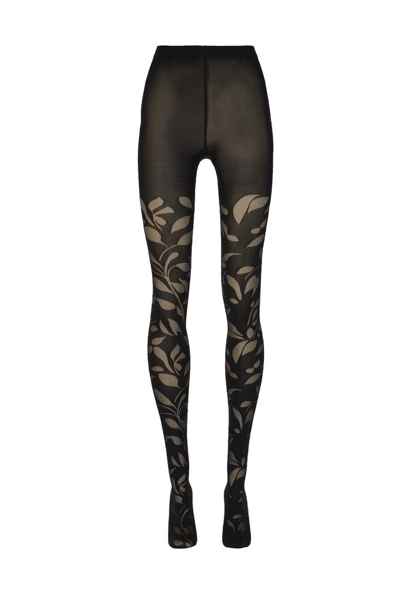 Collant neri trasparenti con motivi floreali beige che decorano dalla coscia ai piedi, a vita alta con un cinturino solido.