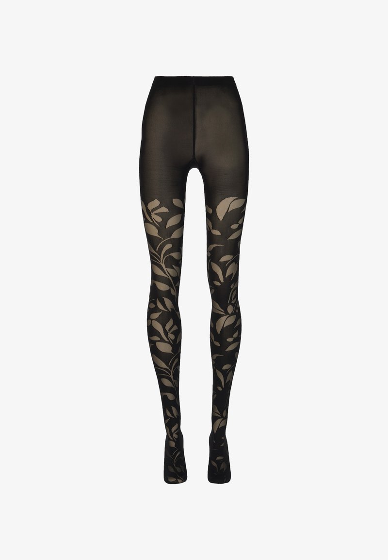 Collant neri trasparenti con motivi floreali beige che decorano dalla coscia ai piedi, a vita alta con un cinturino solido.