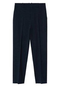 Pantalon formel bleu marine avec plis sur le devant, passants pour ceinture et poches latérales, conçu pour une coupe ajustée.