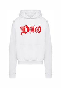 White hoodie with a front pocket and long sleeves. Features bold red "DIO" text in an ornate font across the chest. Smooth fabric texture.