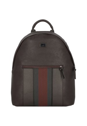 Brown leather backpack featuring a rounded shape, front zipper pocket with a red and grey diagonal striped design, and a top handle.