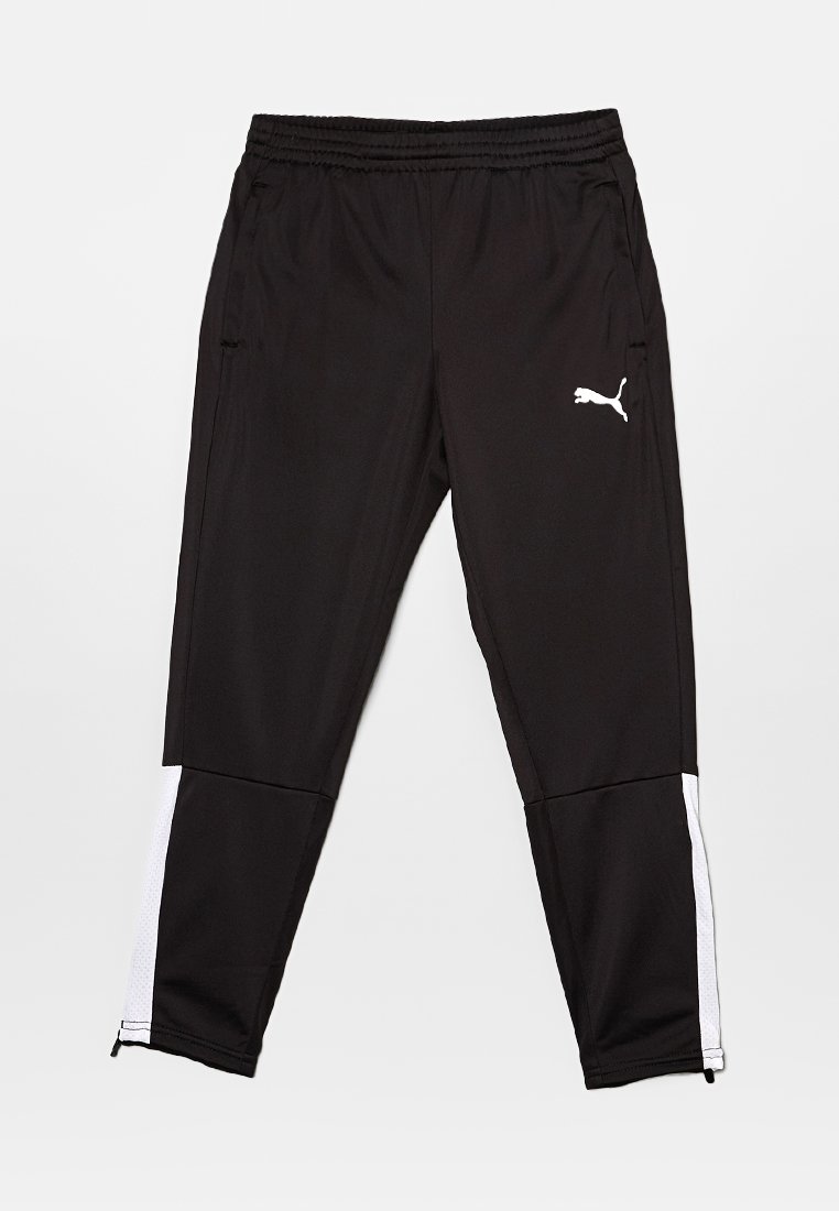 Czarne spodnie sportowe z elastycznym pasem, białymi panelami bocznymi i logo PUMA. Wykonane z gładkiego, lekkiego materiału.