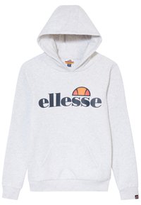 Sudadera gris con un bolsillo canguro, capucha con cordón y un gran logo negro de "ellesse" con un acento en semicírculo naranja. Textura de tela suave.