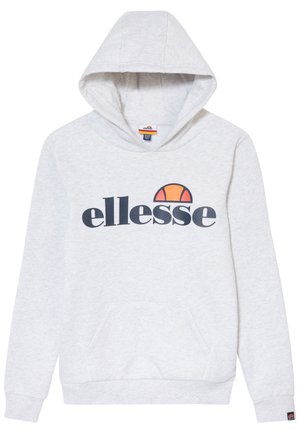 Grauer Kapuzenpullover mit Kängurutasche, Kordelzugkapuze und großem schwarzen "ellesse"-Logo mit einem orangefarbenen Halbbogenakzent. Weicher Stoff.