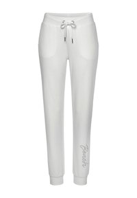 White sweatpants with a drawstring waist, side pockets, and ribbed cuffs. Features a silver "Bench" logo embroidered on the left leg.