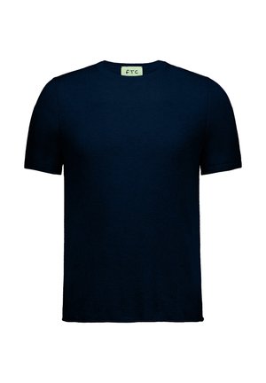 Marineblaue Kurzarm-T-Shirt, mit Rundhalsausschnitt, aus glattem Baumwollmaterial, mit minimaler Naht und einem kleinen Logolabel innen.