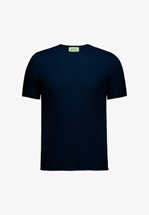 Marineblaue Kurzarm-T-Shirt, mit Rundhalsausschnitt, aus glattem Baumwollmaterial, mit minimaler Naht und einem kleinen Logolabel innen.