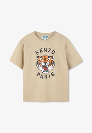 Beige katoenen t-shirt met een tijgerafbeelding in oranje en zwart, met "KENZO" erboven en "PARIS" eronder in vetgedrukte zwarte tekst. Korte mouwen.