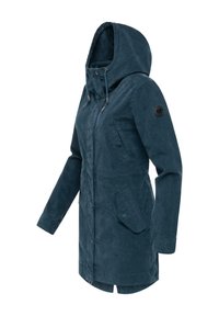 Laivastonsininen hupullinen takki, valmistettu pehmeästä kankaasta. Edessä vetoketju, kaksi sivutaskua ja vasemmassa hihassa pyöreä logo.