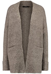 Brązowy, dzianinowy kardigan z otwartym przodem, dwiema przednimi kieszeniami, ściągaczami przy mankietach oraz miękkim, teksturowanym materiałem. Bez guzików ani zapięć.
