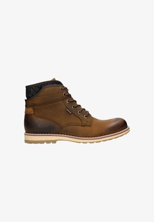 Brauner Leder-Stiefelette mit dunkel gepolstertem Kragen, Metallösen, dunklen Schnürsenkeln und beiger Gummisohle mit Profil.