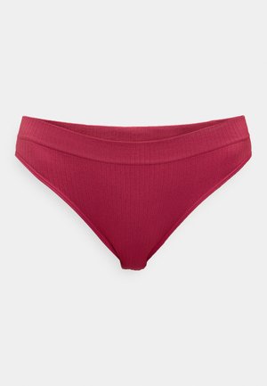 Geribbelde bikini onderkant in donkerroze, met een middelhoge taille en een gladde textuur, ontworpen voor een comfortabele pasvorm. Geen zichtbare hardware.