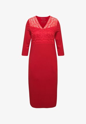 Rode jurk tot de knie met driekwartmouwen en kantdetails op de bovenborst en schouders, met een V-halslijn.