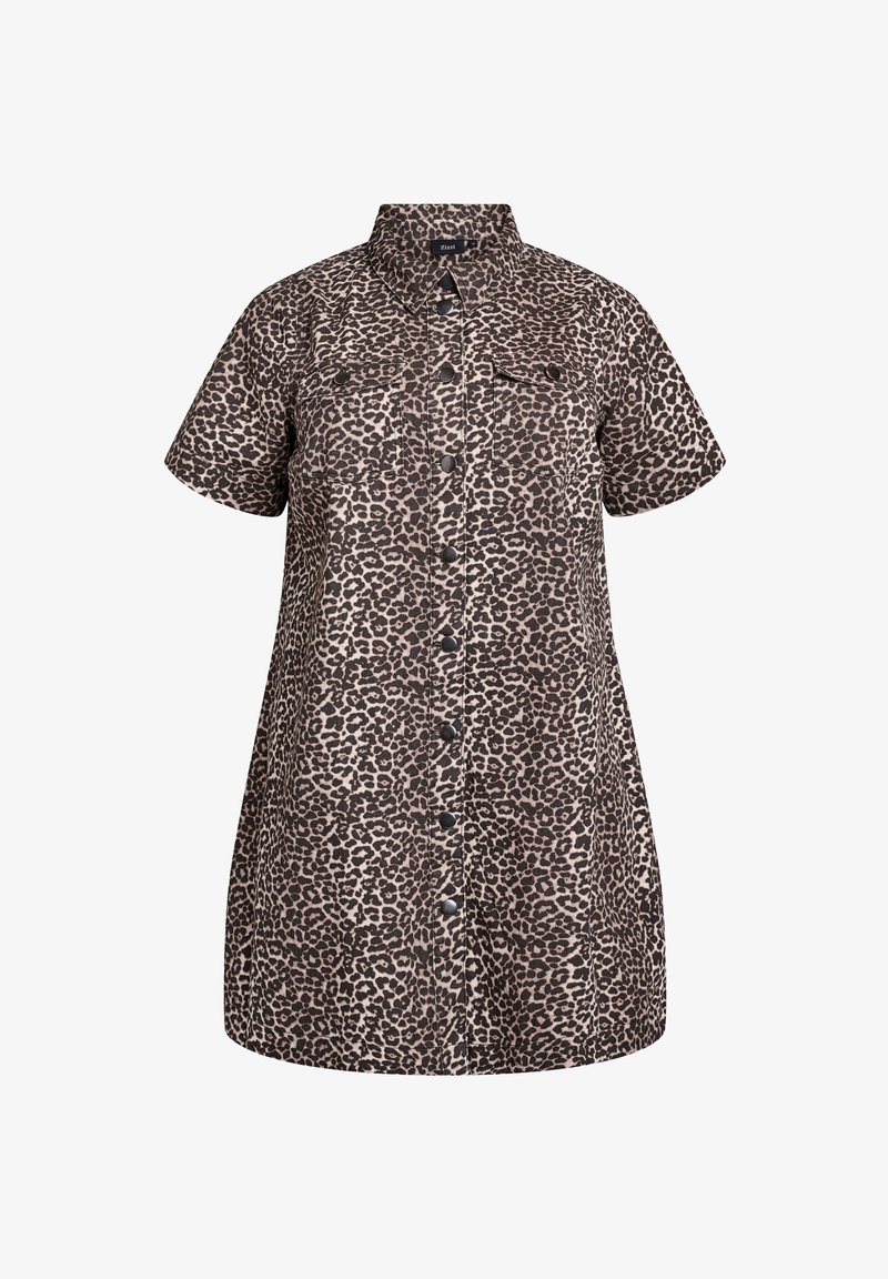 Majica s kratkimi rokavi v leopardjem vzorcu, ki vključuje ovratnik, gumbno zapiranje in dve prsni žepki. Narejena iz lahkotnega materiala z sproščenim krojem.