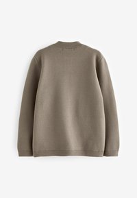 Pull en maille taupe à manches longues avec col rond et bord-côtes au col, aux poignets et à l'ourlet, montré de dos sur un fond blanc uni.