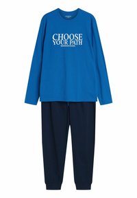 Blue long-sleeve top with "CHOOSE YOUR PATH" text and navy blue jogger pants set on a white background.