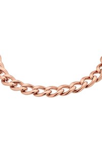 Collana in metallo color oro rosa con design a maglie intrecciate, superficie liscia e finitura lucida. Larghezza delle maglie variabile per un effetto visivo interessante.