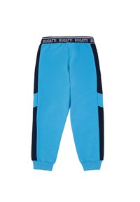 Blue sweatpants with a navy side panel, ribbed cuffs, and elastic waistband featuring a "BUGATTI" logo. Soft fabric with a smooth texture.