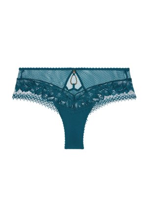 String dentelle sarcelle avec motif floral et bords festonnés. Doté d'un détail central orné et d'un haut en mesh semi-transparent.
