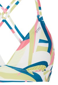Biustonosz bikini w białym kolorze z wzorami w abstrakcyjne kształty w odcieniach różu, zieleni i niebieskiego. Posiada krzyżujące się ramiączka oraz metkę z logo.