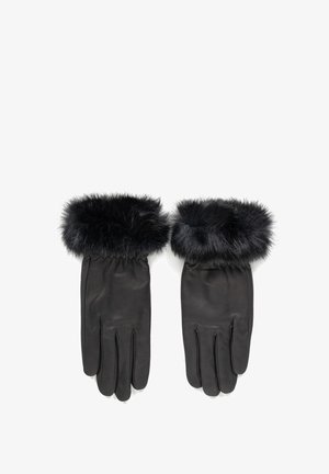 Czarne skórzane rękawiczki z pluszowym czarnym futrem u góry. Charakteryzują się gładką fakturą i eleganckim wzornictwem z czterema otworami na palce. Idealne na zimną pogodę.