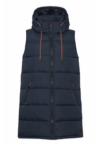 Marinblå pufferväst med huva, med dragkedja framtill, sidofickor med orange detaljer och en vadderad design för isolering.