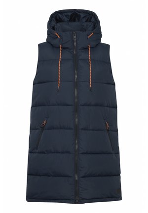 Marineblauer Puffer-Weste mit Kapuze, ausgestattet mit einem Reißverschluss, Seitentaschen mit orangefarbenen Akzenten und einem gesteppten Design zur Isolierung.