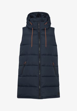 Gilet imbottito blu navy con cappuccio, dotato di chiusura con zip, tasche laterali con dettagli arancioni e design trapuntato per un migliore isolamento.