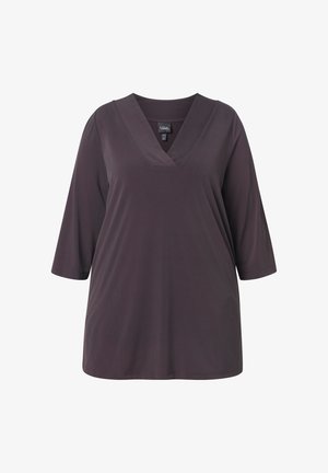 V-Ausschnitt, locker sitzendes Oberteil mit dreiviertel Ärmeln, aus weichem, dunkelgrauem Stoff. Verfügt über eine glatte Textur und ein einfaches Design.