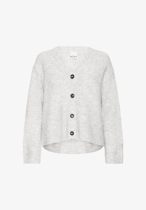 Šviesiai pilkas kardiganas, pagamintas iš minkštos mezginio medžiagos, turintis V formos iškirptę, ilgomis rankovėmis ir penkiais juodais mygtukais priekyje. Trumpintas dizainas.