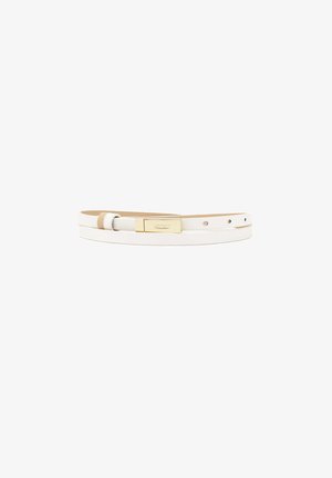 Ceinture fine en cuir blanc avec boucle rectangulaire dorée et plusieurs trous d'ajustement, conçue pour femmes.