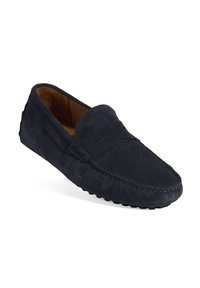 Navy Wildleder Mokassin mit gestickten Details, im Slip-On-Design, weicher Innenauskleidung und Gummisohle für Griffigkeit.