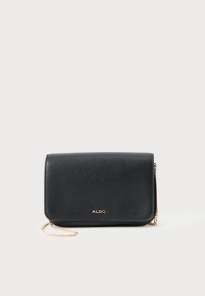 Black textured leather crossbody bag with gold chain strap and small gold ALDO logo on front flap.