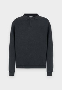 Black cotton polo sweatshirt with a collar, long sleeves, and textured fabric. Features a subtle logo on the left chest.
