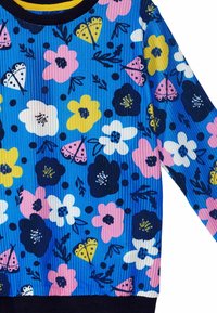 Gestreiftes Langarmshirt mit einem blauen Hintergrund und mehrfarbigen Blumen- und Schmetterlingsmustern. Schwarzer Saumabschluss an den Ärmelenden.