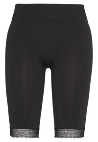 Svarta leggings med ribbat midjeband och spetsdetalj i fållen, med en slät yta och figurnära passform, perfekt för avslappnad användning.