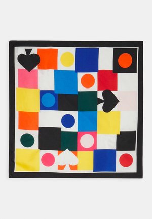 Seidenschal mit bunten Quadraten und Kreisen sowie schwarzen und weißen Pik- und Herzsymbolen, die in einem Gittermuster mit schwarzem Rand angeordnet sind.