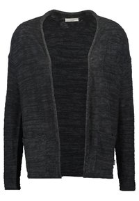 Długi kardigan w różnych odcieniach szarości. Otwarty przód, dwie przednie kieszenie, teksturowana dzianina i luźny krój. Bez zapięć.