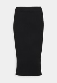 Černá žebrovaná tužková sukně s elastickým pasem, přiléhavým střihem a lemem, který sahá pod kolena. Hladký povrch po celé délce.