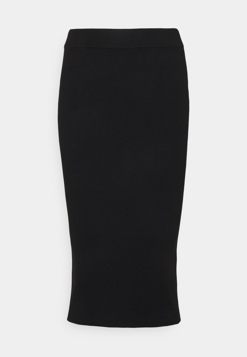 Černá žebrovaná tužková sukně s elastickým pasem, přiléhavým střihem a lemem, který sahá pod kolena. Hladký povrch po celé délce.