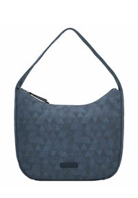 Sacoche bleu foncé avec un motif de triangle géométrique texturé, fermeture éclair et une seule sangle courbée. Matériau durable.