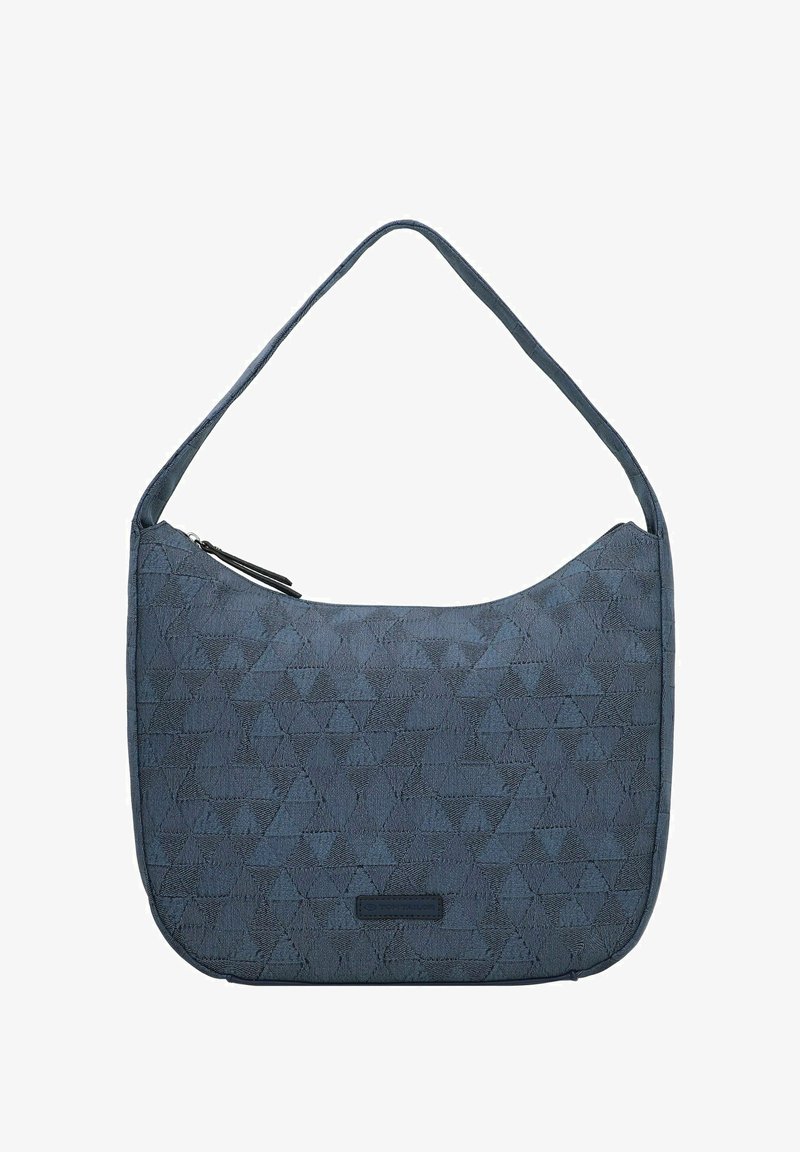 Sacoche bleu foncé avec un motif de triangle géométrique texturé, fermeture éclair et une seule sangle courbée. Matériau durable.